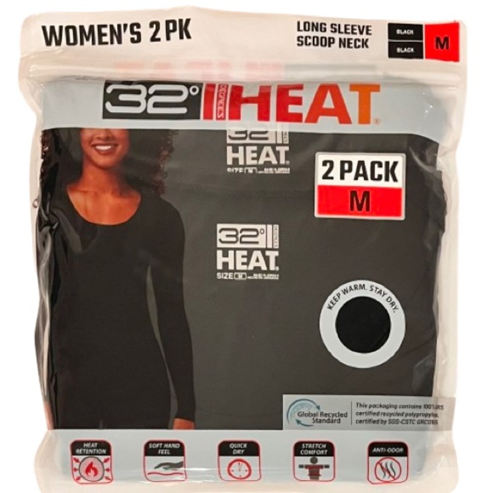 🆕32 Degrees Heat-Women's 2 Pack Black Long Sleeve Scoop Neck Under Shirt Size: M